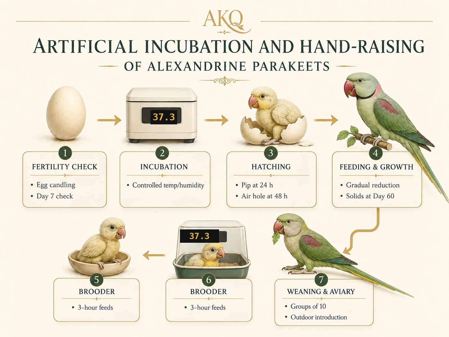 AKQ infographic — Artificial Incubation and Hand-Raising of Alexandrine Parakeets, illustrated across seven stages: 1) Fertility Check (egg candling, Day 7), 2) Incubation (controlled temperature and humidity), 3) Hatching (pip at 24h, air hole at 48h), 4) Feeding & Growth (gradual reduction, solids at Day 60), 5) Brooder (3-hour feeds), 6) Brooder transition (3-hour feeds), 7) Weaning & Aviary (groups of 10, outdoor introduction).